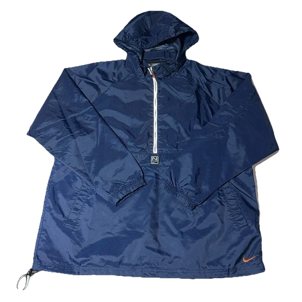 Vintage Nike Jacket Mens Large Navy Hooded Windbreaker Center Swoosh 90s 1/2 Zip